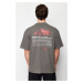 Trendyol Anthracite Oversize Printed Embroidered 100% Cotton T-Shirt