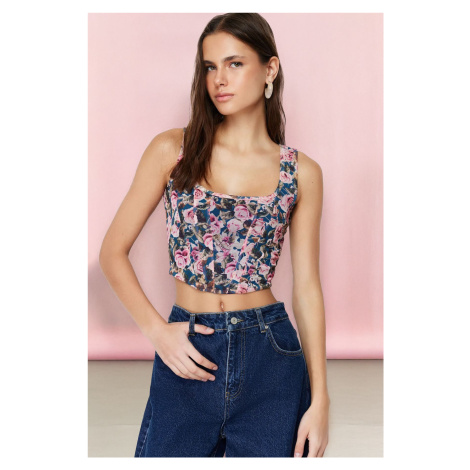Trendyol Pink Floral Patterned Square Neck Fitted/Fits-Your-Body Tulle Knitted Blouse