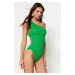 Trendyol zelené plavky s vysokými nohami na jedno rameno s nízkym strihom chrbta