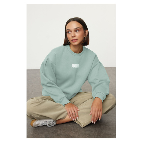 Trendyol Mint Thick Polar Fleece Minimal Printed Balloon Sleeve Knitted Sweatshirt