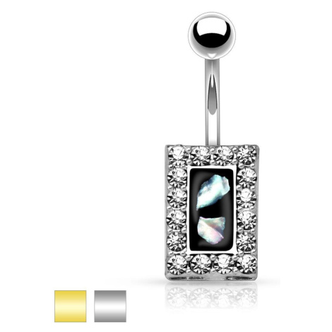 Oceľový piercing do brucha, čierny obdĺžnik s kúskami perlete, zirkónový lem - Farba piercing: Z