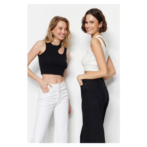 Trendyol Čierno-biely 2-pack vyrezaný detailný priliehavý crop manšestrový, pružný pletený nátel