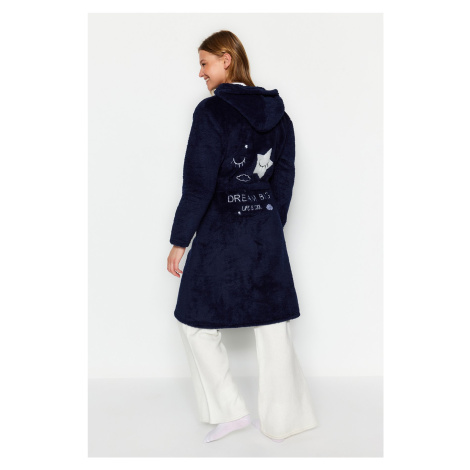 Trendyol Navy Blue Belted Back Embroidery Detailed Hooded Wellsoft Knitted Dressing Gown