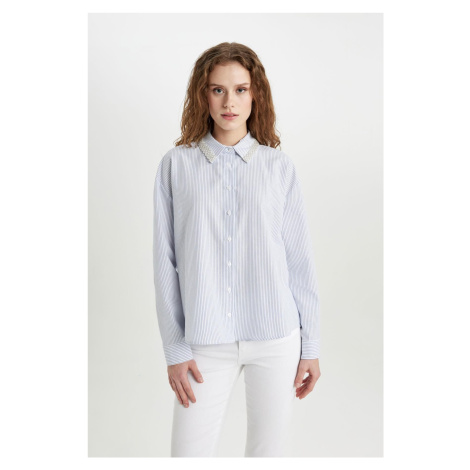 DEFACTO Oversize Fit Shirt Collar Striped Collar Beaded Detail Oxford Long Sleeve Shirt