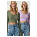 Happiness İstanbul Women's Khaki Lilac V Neck 2 Pack Crop Blouse