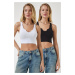 Happiness İstanbul Women's Black and White Strappy 2-Pack Crop Knitted Blouse