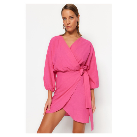Trendyol ružové mini tkané dvojradové plážové šaty zo 100% bavlny