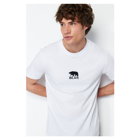 Trendyol White Regular Cut Bear/Animal Embroidered 100% Cotton Short Sleeve T-Shirt