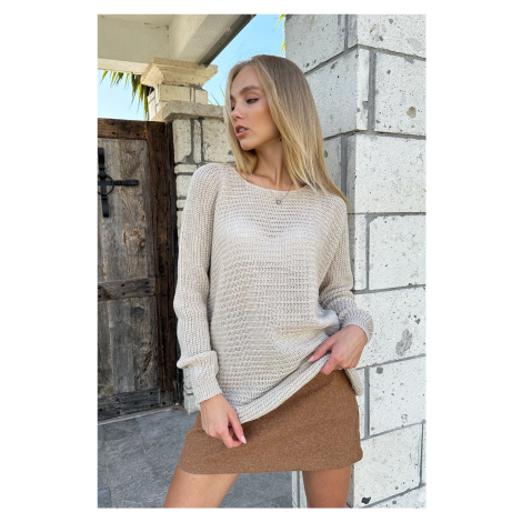 Trend Alaçatı Stili Women's Stone Thessaloniki Knitted Silvery Oversize Sweater