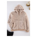 Trendyol Beige Regular/Normal Cut Full Zipper Pocket Polar Fleece Thick Sweatshirt-Cardigan