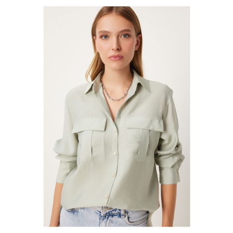 Happiness İstanbul Women's Light Almond Green Wide Pocket Tencel Shirt