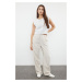 Trendyol Stone Premium Waist Detailed Linen Blended High Waist Wide Leg Trousers