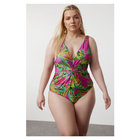 Trendyol Curve Multicolored Tropical Patterned V-Neck Knotted Swimsuit