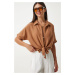 Happiness İstanbul Women's Camel Tie Detailed Linen Blouse