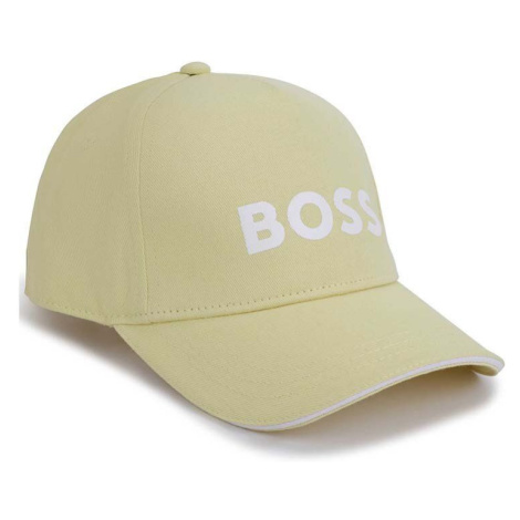 Detská bavlnená čiapka BOSS žltá farba, s nášivkou Hugo Boss
