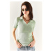 Olalook Women's Mint Green Polo Neck Corduroy Sweater Blouse