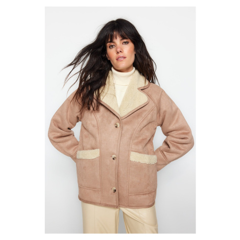 Trendyol Camel Premium oversize semišový plyš širokého strihu detailný kabát