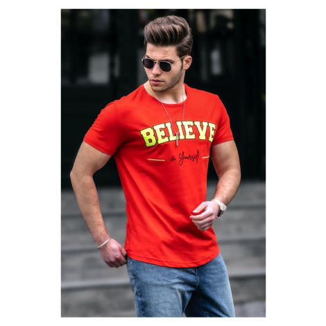 Madmext Men's Neon Embroidery Printed Red T-Shirt 4540