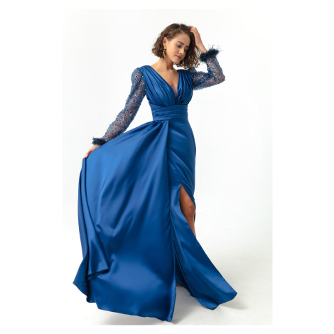 Lafaba Women's Indigo V Neck Sleeves Stoned Slit Long Evening Dress