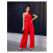 Elegant one-shoulder overall with wide red legs