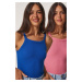 Happiness İstanbul Women's Blue Pink 2-pack Ribbed Crop Halterneck Knitted Singlets