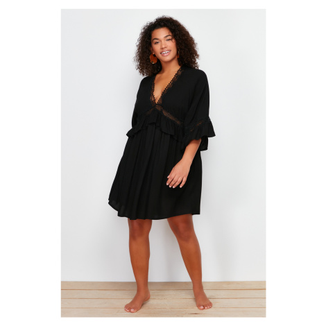 Trendyol Curve Black Sleeve Ruffle Lace Strip Detail Mini Plus Size Beach Dress