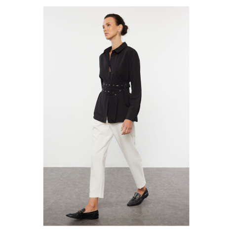 Trendyol Black Oversize Wide Fit Woven Shirt with Belt Detail