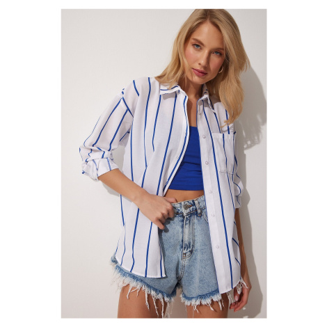 Happiness İstanbul Women's Blue White Striped Oversize Long Cotton Shirt