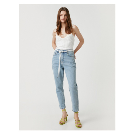 Koton High Waisted Jeans with Belt and Slightly Skinny Legs - Mom Jeans
