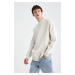 DEFACTO Men's Beige Boxy Fit Crew Neck Printed Sweatshirt