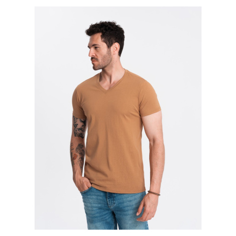 Ombre Men's BASIC classic cotton T-shirt with a v-neck - brown