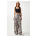 Happiness İstanbul Women's Black Beige Leopard Patterned Palazzo Trousers