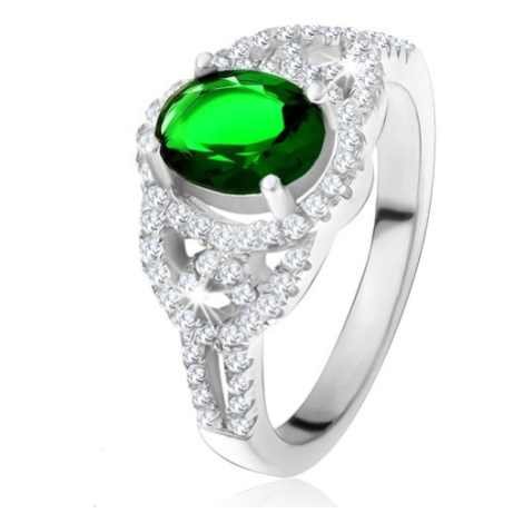 Prsteň - oválny zelený zirkón, lem, zaoblené línie, číre kamienky, striebro 925 - Veľkosť: 60 mm