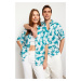 Trendyol Blue Unisex Oversize Fit Pineapple Printed 100% Viscose Short Sleeve Casual Summer Shir