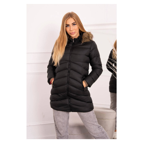 Quilted winter jacket with hood and fur black