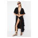 Trendyol Black Belted Maxi Woven Frilly Kimono & Kaftan