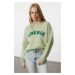 Trendyol Mint Thick Polar Fleece Embroidered Slogan Oversize/Relaxed Cut Knitted Sweatshirt