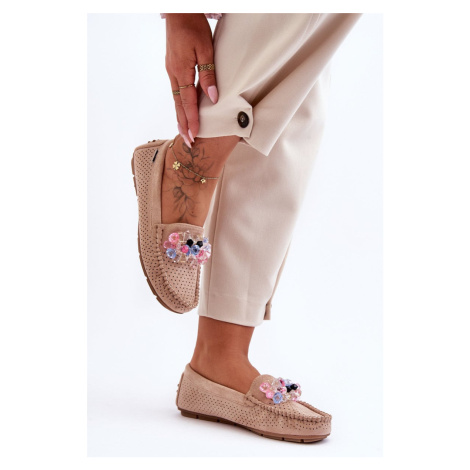 Fashionable suede loafers with decorations Beige Delima