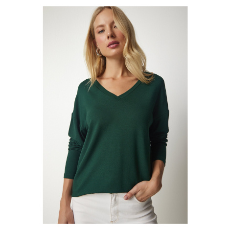 Happiness İstanbul Women's Emerald Green V-Neck Knitwear Blouse