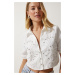 Happiness İstanbul Women's White Stone Embroidered Scalloped Linen Crop Shirt