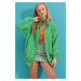 Trend Alaçatı Stili Women's Green Stand Up Collar Zippered Fleece Sweatshirt
