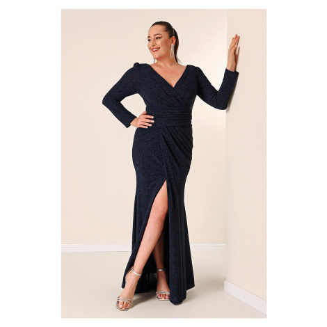 By Saygı Double Breasted Collar Front Draped Long Sleeve Lined Knitted Fabric Silvery Plus Size 