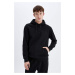 DEFACTO Black Pocket Regular Fit Hooded Soft Furry Basic Plain Sweatshirt