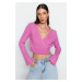 Trendyol Pink Crop mäkký textúrovaný dvojradový pletený sveter