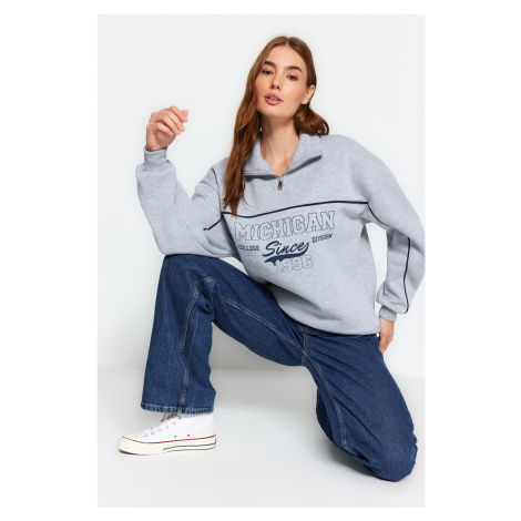 Trendyol Gray Zippered Printed Oversize Thick Fleece Inside Knitted Sweatshirt