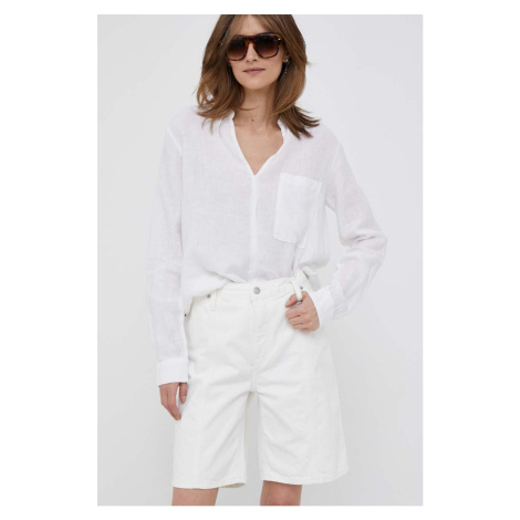 Rifľové krátke nohavice Calvin Klein Jeans dámske, biela farba, jednofarebné, vysoký pás