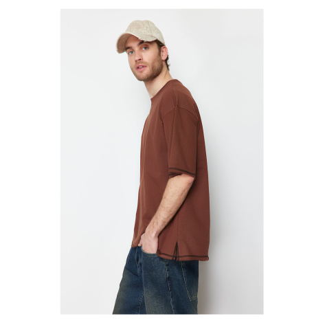 Trendyol Brown Oversize 100% Cotton T-Shirt with Stitching Detail