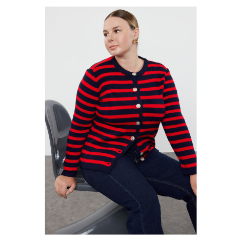 Trendyol Curve Navy Blue-Red Knitwear Plus Size Cardigan