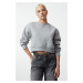 Trendyol Gray Melange Thick Inside Fleece Relaxed/Wide Fit Crop Basic Knitted Sweatshirt