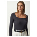 Happiness İstanbul Women's Anthracite Square Collar Corded Knitted Blouse